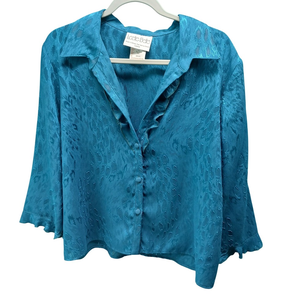 Leslie Belle Teal Animal Print Button Up Blouse‎ Women's Size 12 Polyester